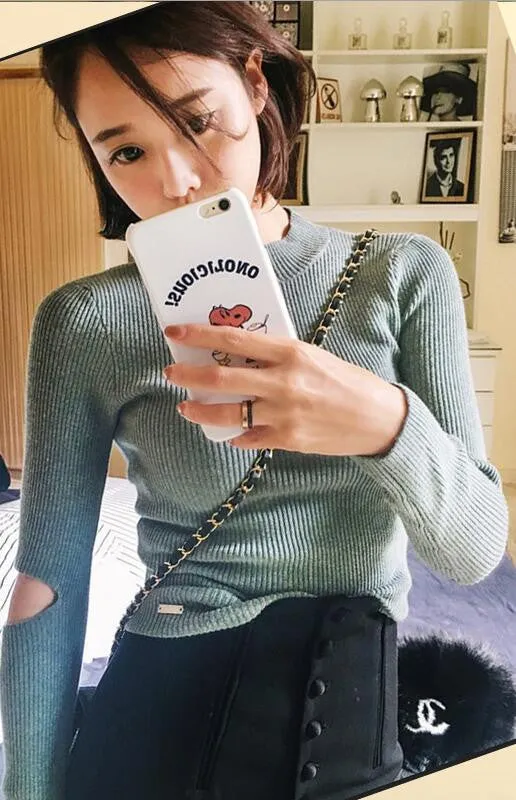 Fashon Long Sleeve High Neck Slit Long Sleeve Slim Knit Sweater
