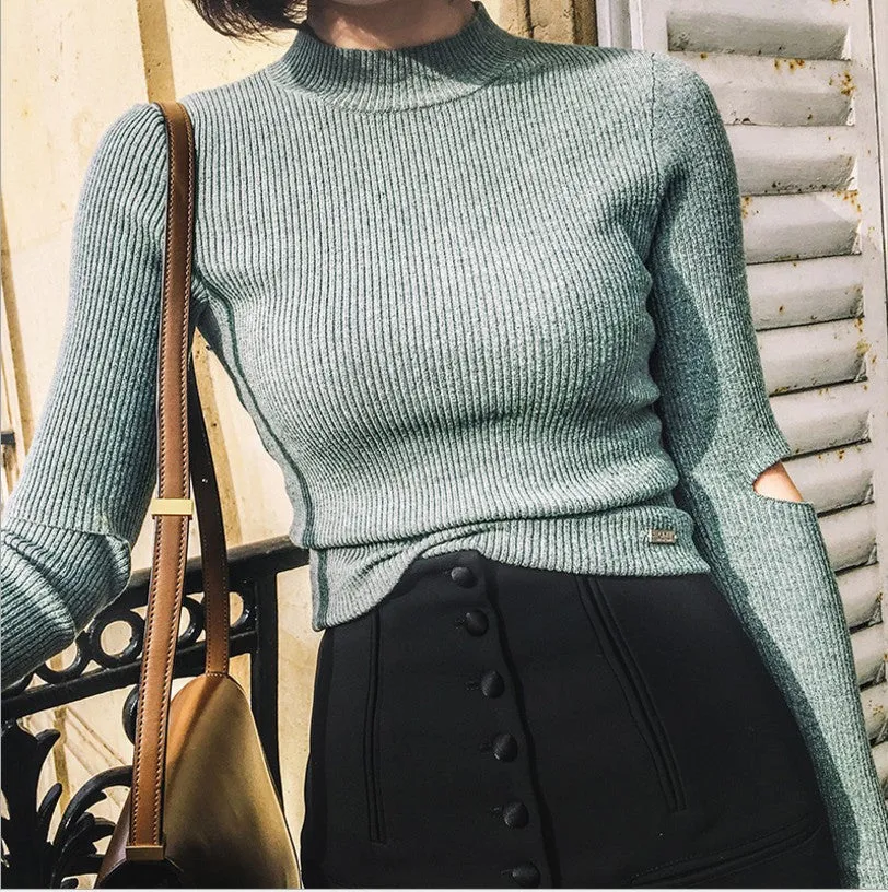 Fashon Long Sleeve High Neck Slit Long Sleeve Slim Knit Sweater