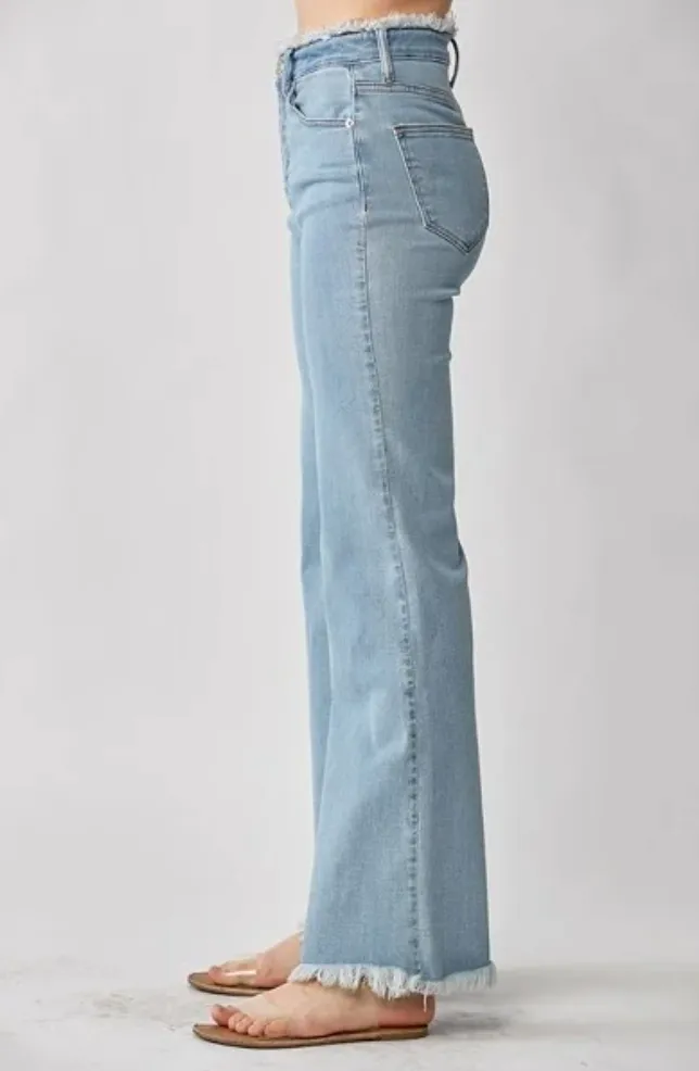 FINAL SALE Risen High Rise Frayed Hem Wide Leg Jeans