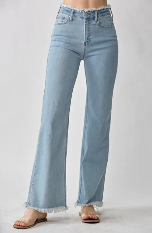 FINAL SALE Risen High Rise Frayed Hem Wide Leg Jeans