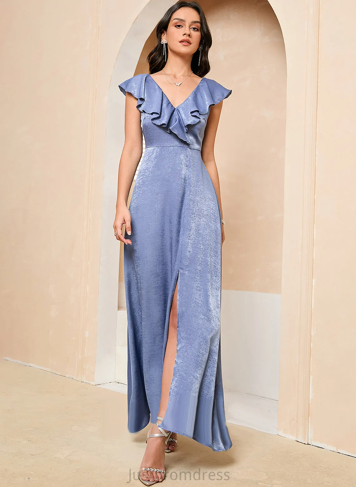 Front A-line Jazlene Elegant Satin Midi Sleeveless Cowl Dresses Club Dresses Neck Split