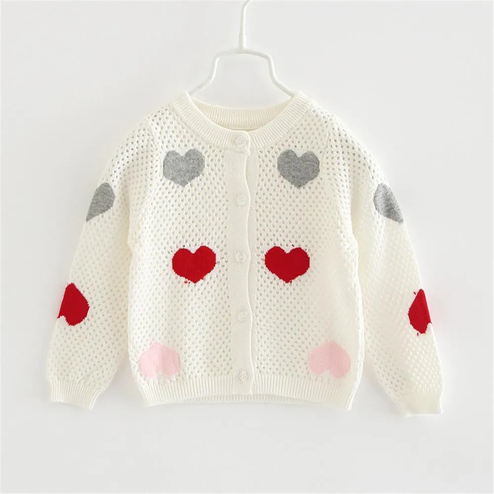 Girls Solid Button Heart Long Sleeve Sweaters