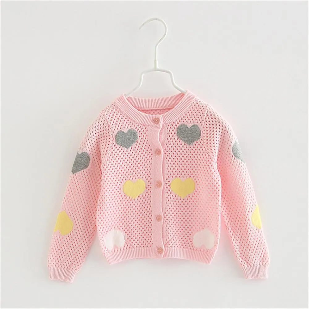 Girls Solid Button Heart Long Sleeve Sweaters