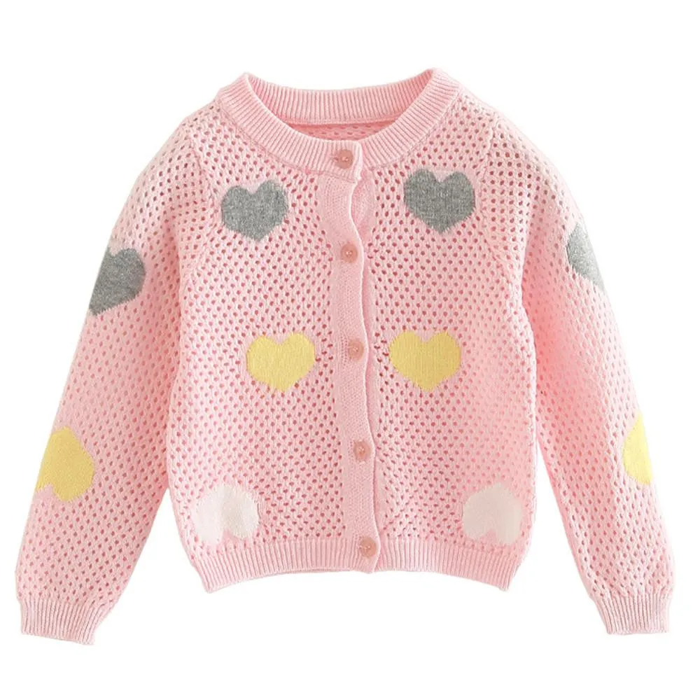 Girls Solid Button Heart Long Sleeve Sweaters