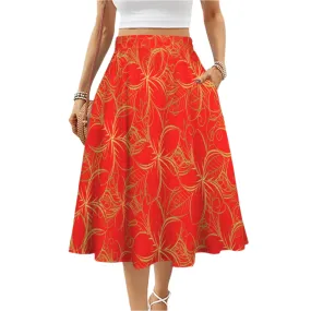 Golden Frangipani Red Mid Length Skirt with Pockets up to 5 XL (FWS)