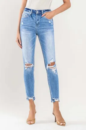 High Rise Crop Contrast Panel Skinny Jeans - Light Wash