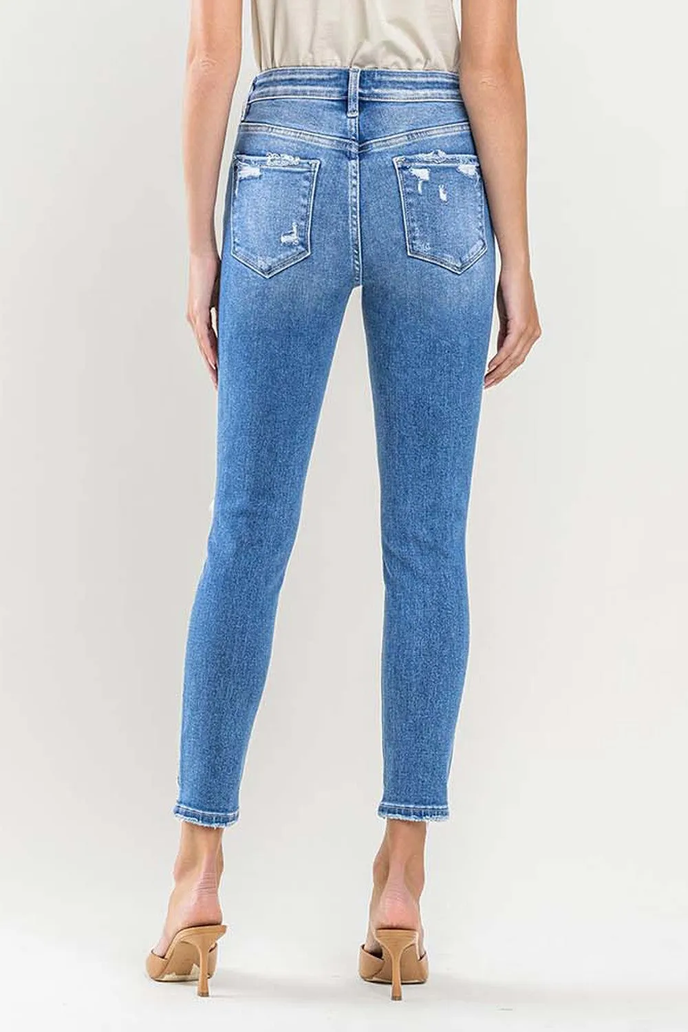 High Rise Crop Contrast Panel Skinny Jeans - Light Wash