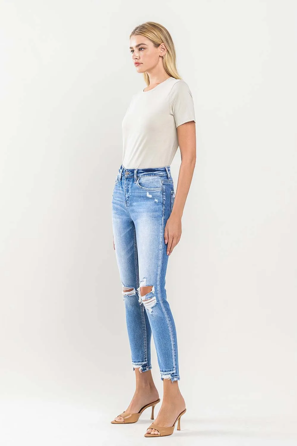 High Rise Crop Contrast Panel Skinny Jeans - Light Wash