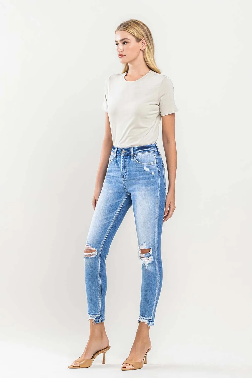 High Rise Crop Contrast Panel Skinny Jeans - Light Wash