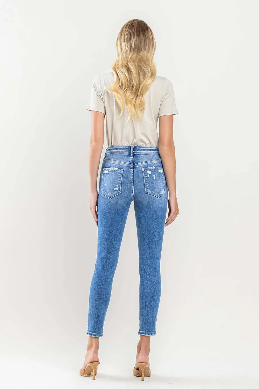 High Rise Crop Contrast Panel Skinny Jeans - Light Wash