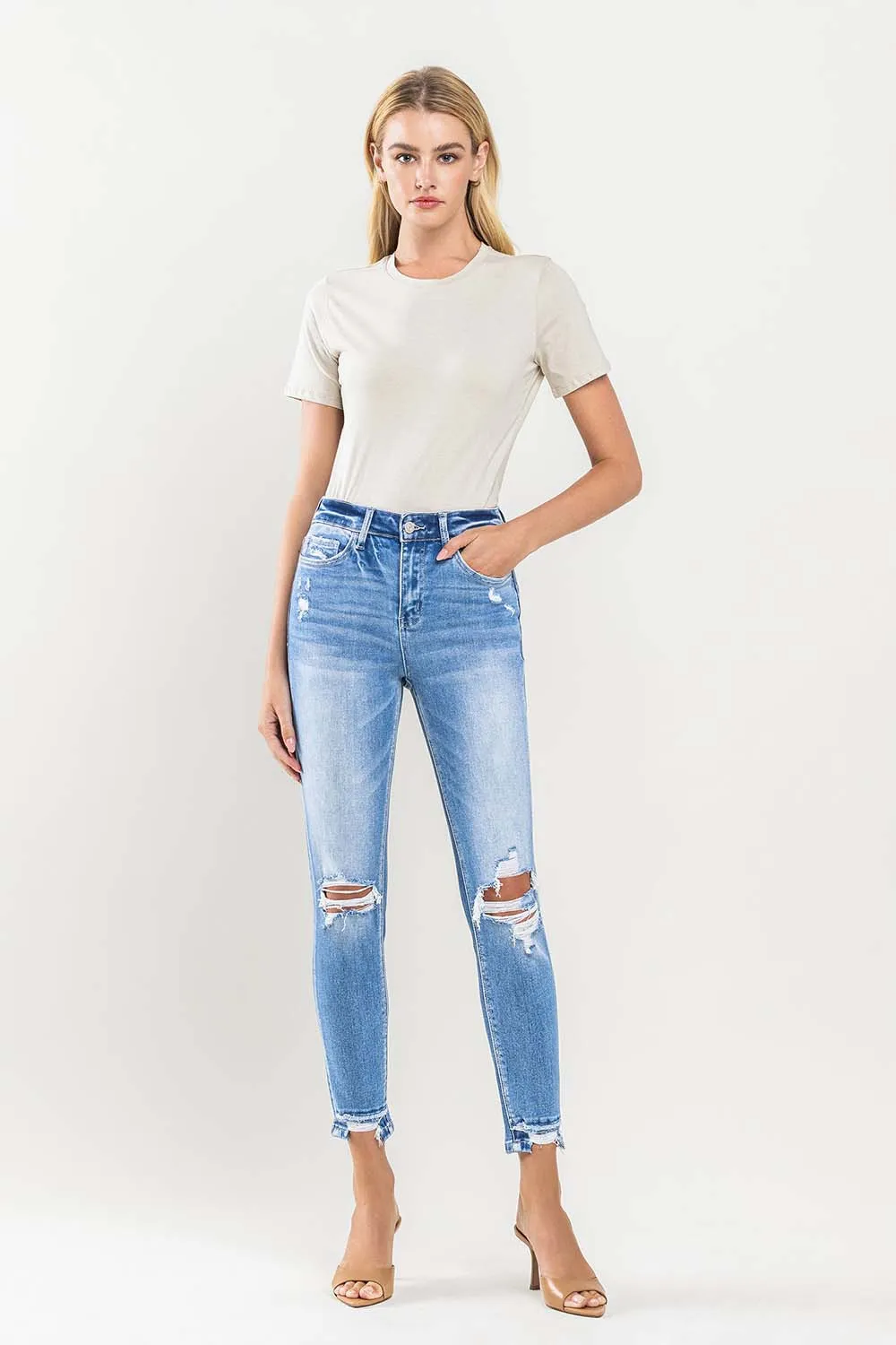 High Rise Crop Contrast Panel Skinny Jeans - Light Wash