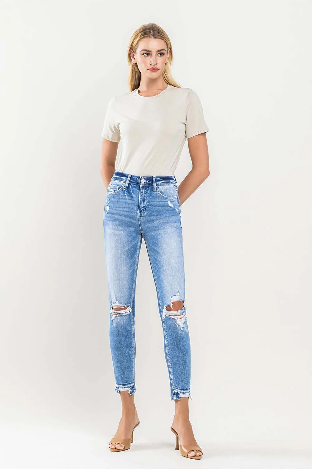 High Rise Crop Contrast Panel Skinny Jeans - Light Wash