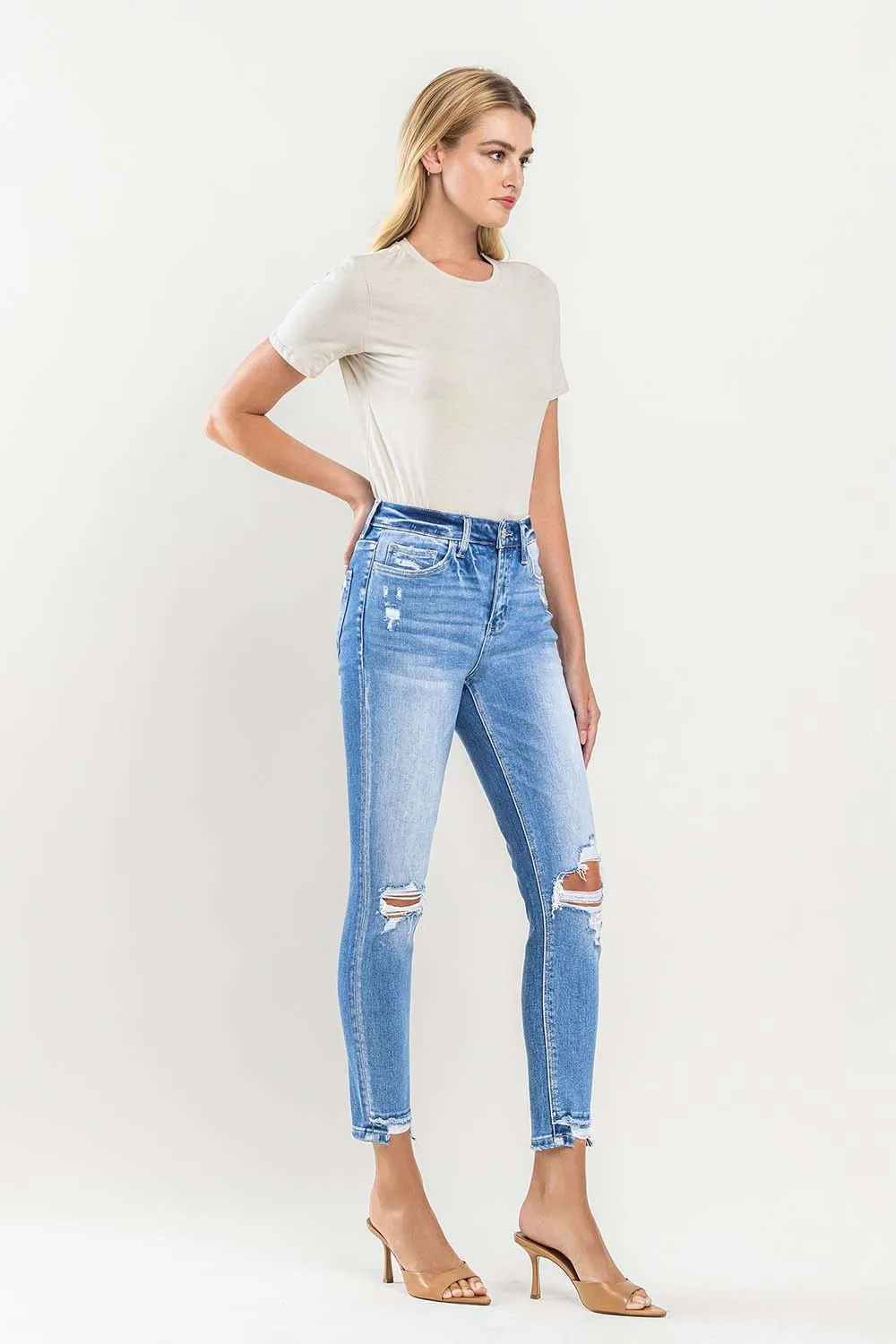 High Rise Crop Contrast Panel Skinny Jeans - Light Wash