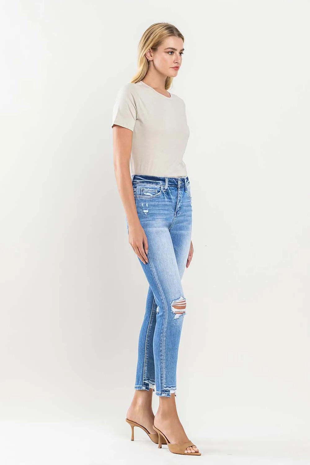 High Rise Crop Contrast Panel Skinny Jeans - Light Wash