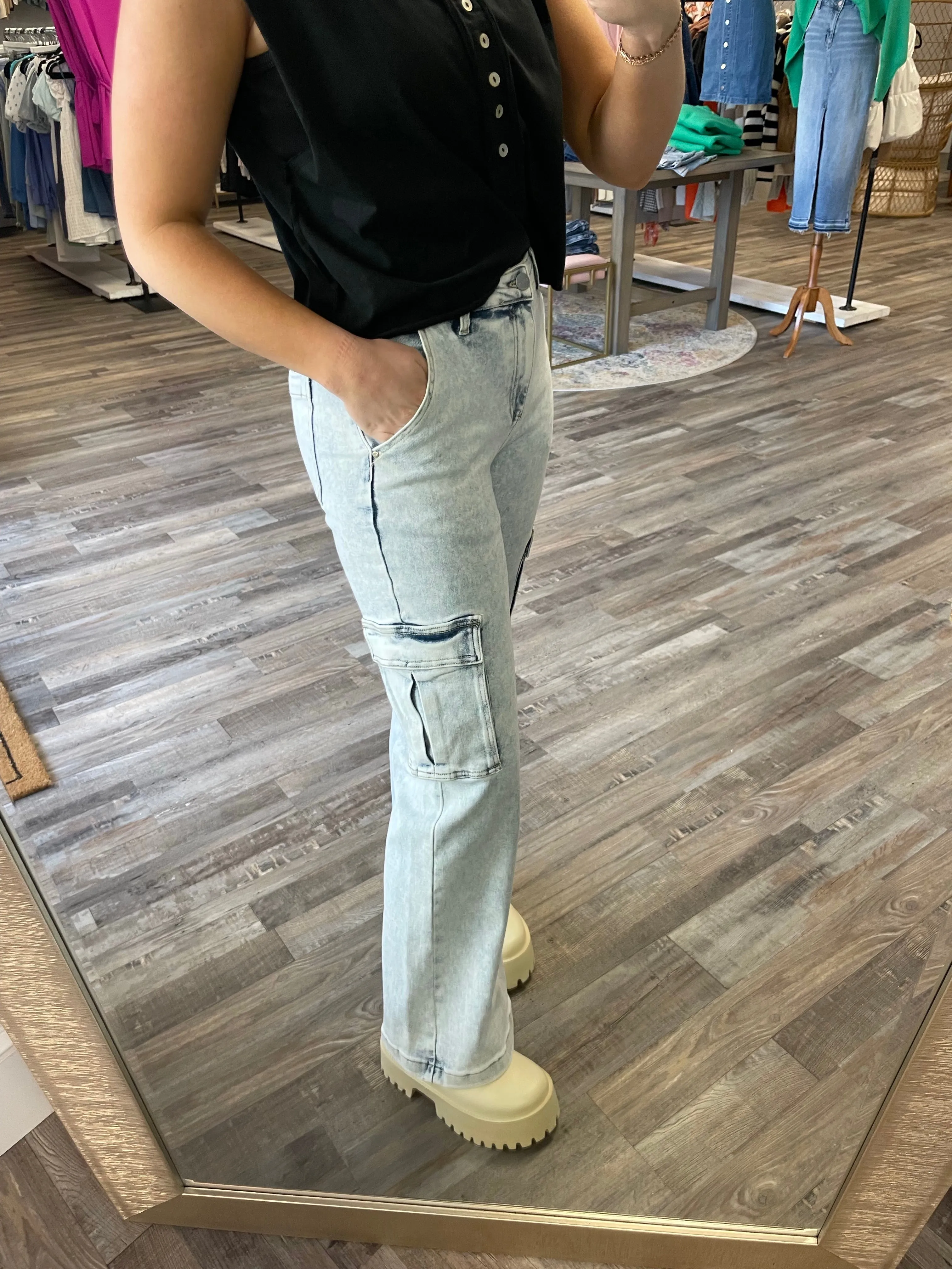 High Rise Wide Cargo Jeans - Light Wash | Risen Jeans