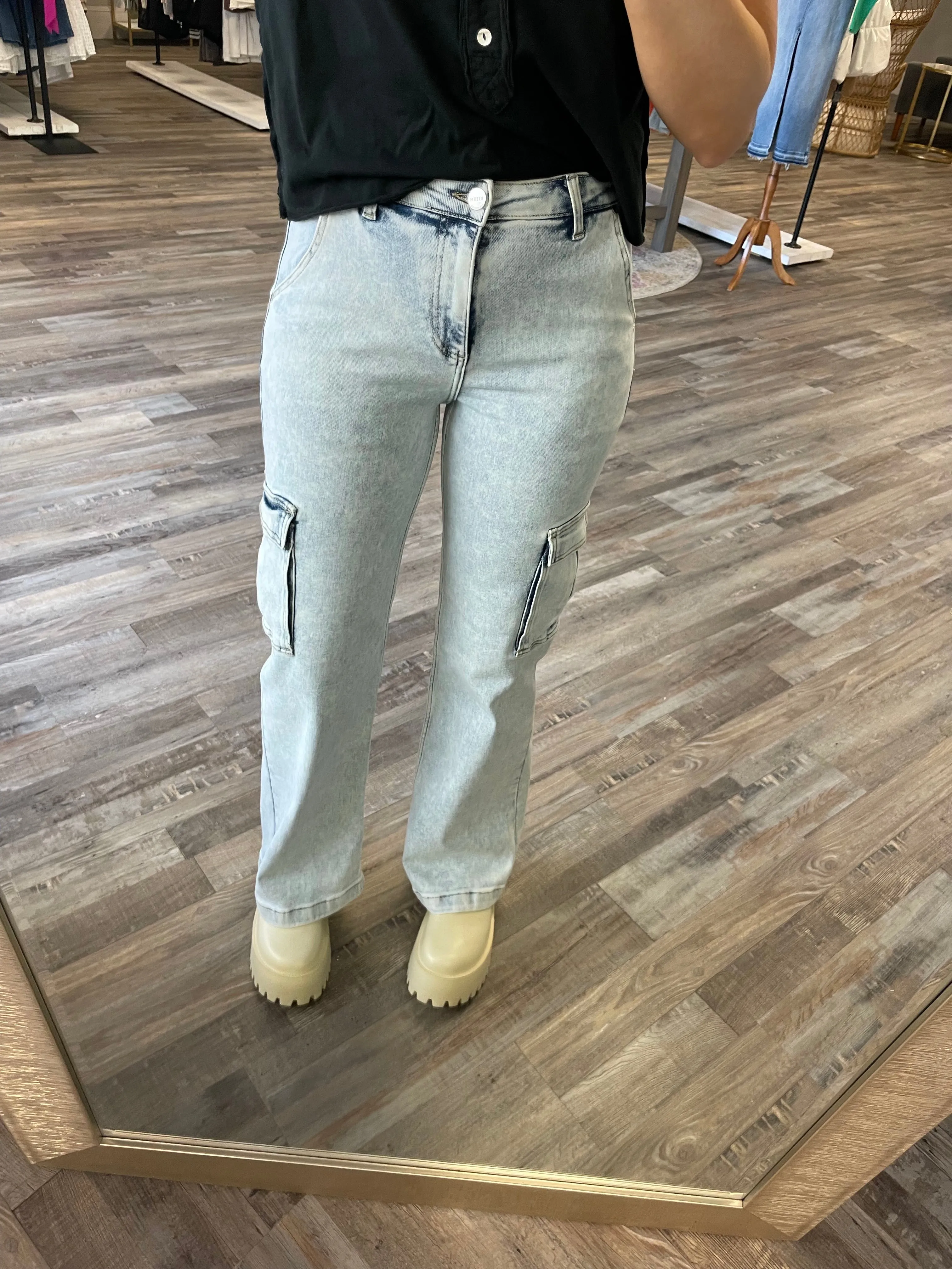 High Rise Wide Cargo Jeans - Light Wash | Risen Jeans