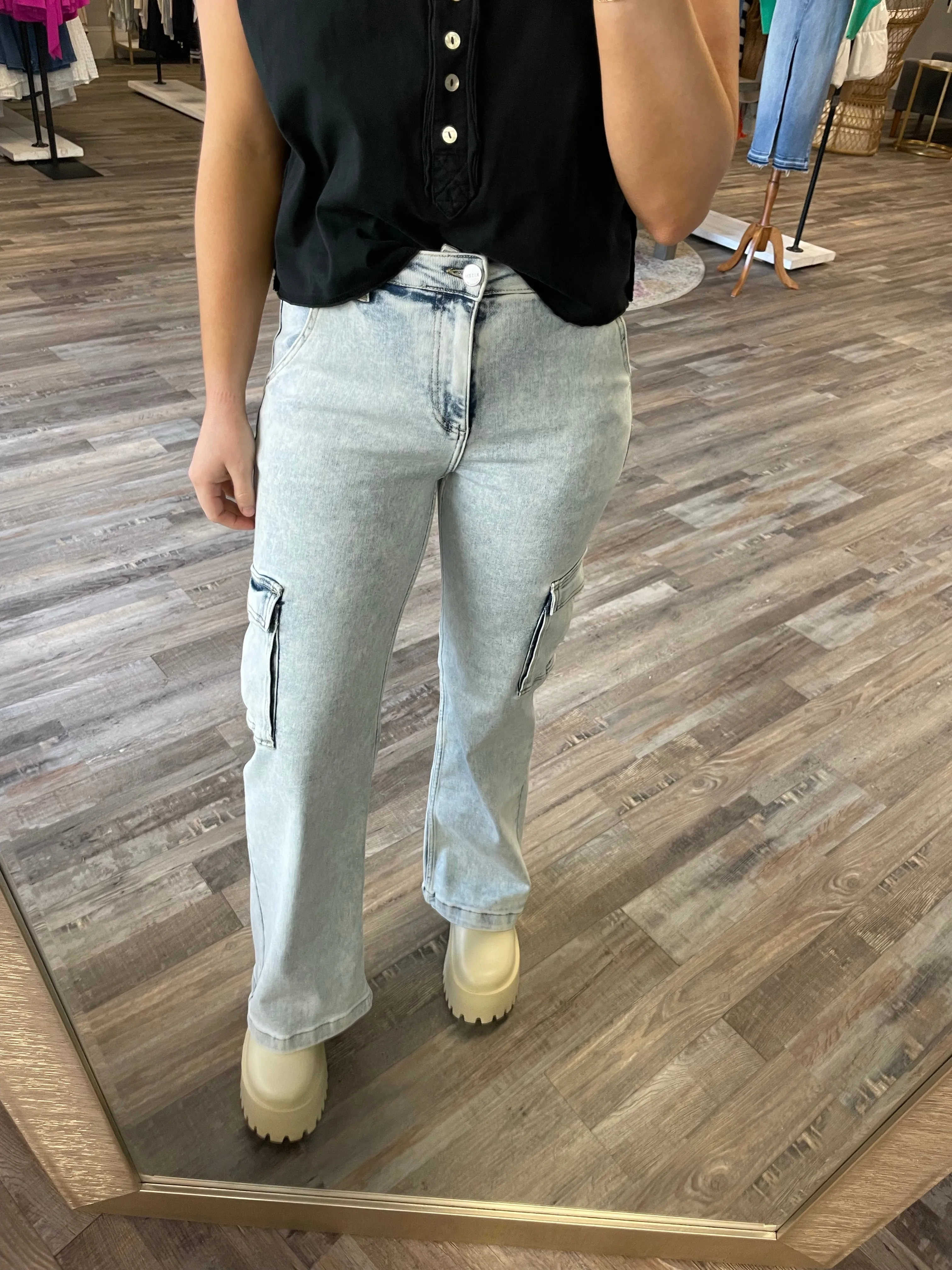 High Rise Wide Cargo Jeans - Light Wash | Risen Jeans