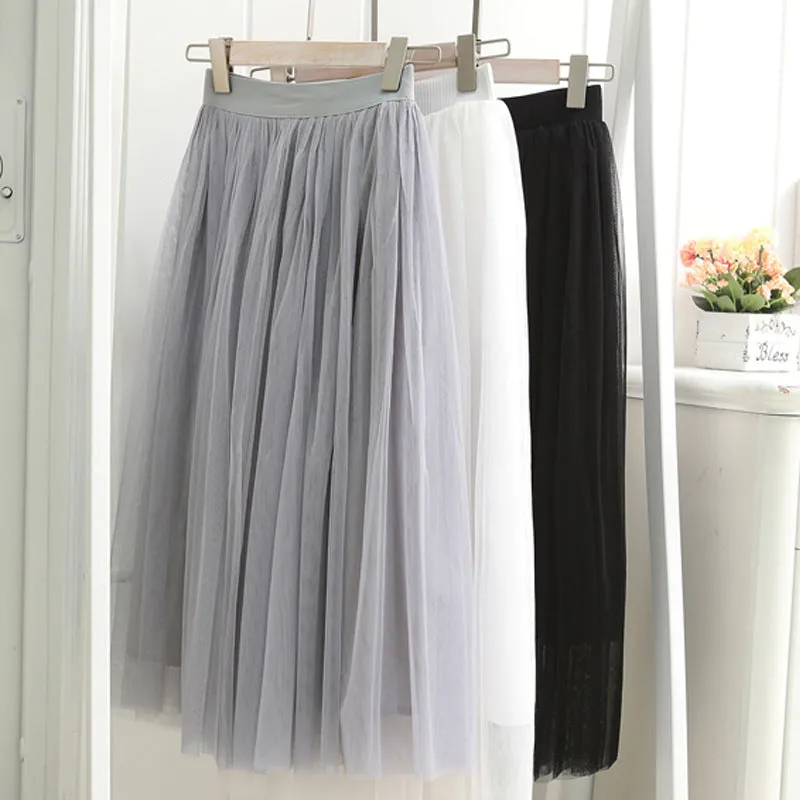High Waist Mesh Pleated Mid-length Skirt