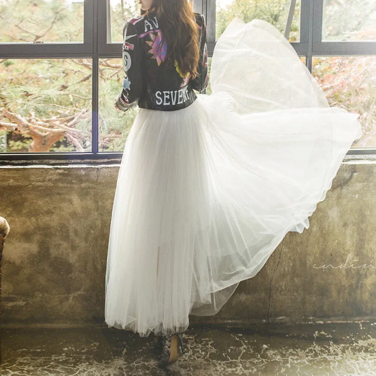 High Waist Mesh Pleated Mid-length Skirt