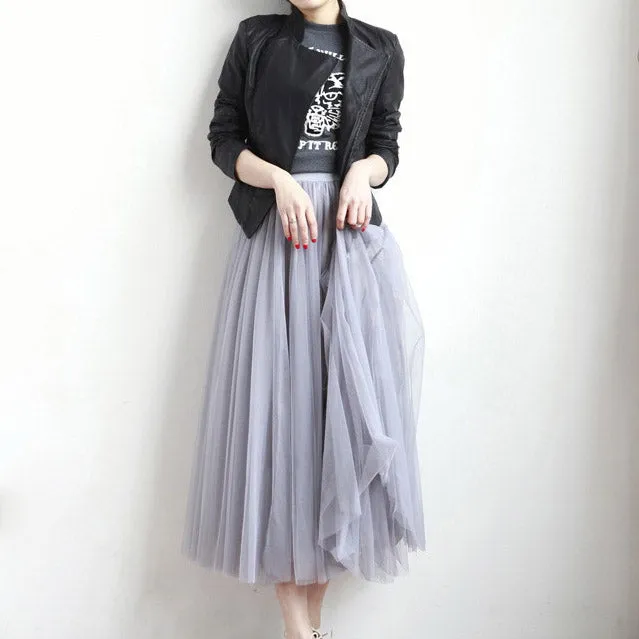 High Waist Mesh Pleated Mid-length Skirt
