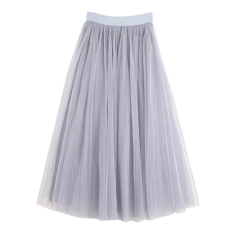 High Waist Mesh Pleated Mid-length Skirt