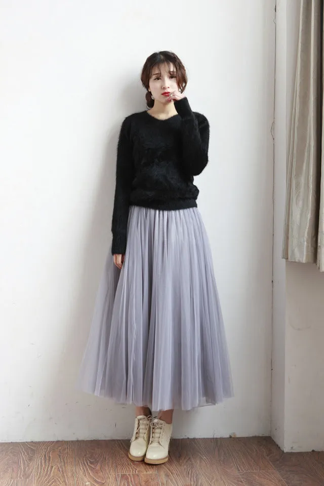 High Waist Mesh Pleated Mid-length Skirt