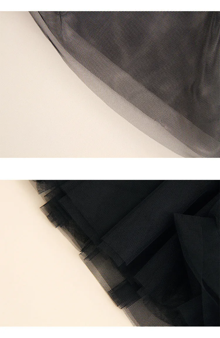 High Waist Mesh Pleated Mid-length Skirt