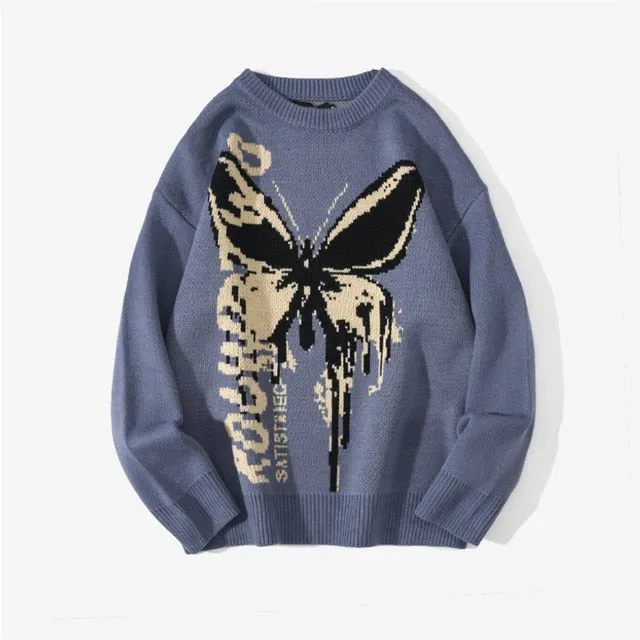 Hip Hop Knitwear Mens Sweaters 2021 Harajuku Fashion Butterfly Male Loose Tops Casual Streetwear Pullover Sweaters