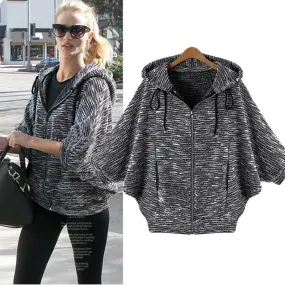 Hooded Zipper Bat-wing Sleeves Street Casual Short Coat