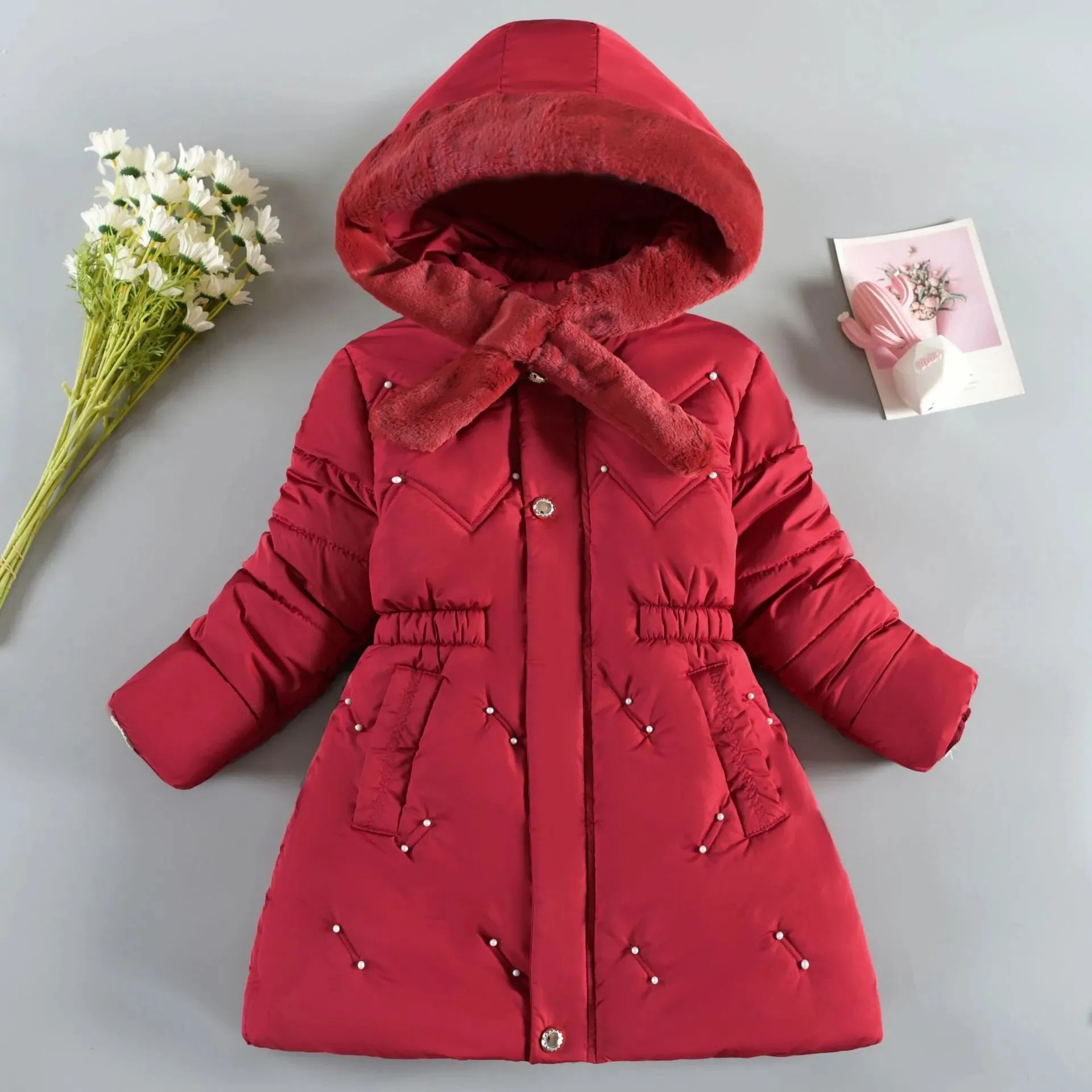 Kids Girls Mid-Length Hooded Windbreaker Coats