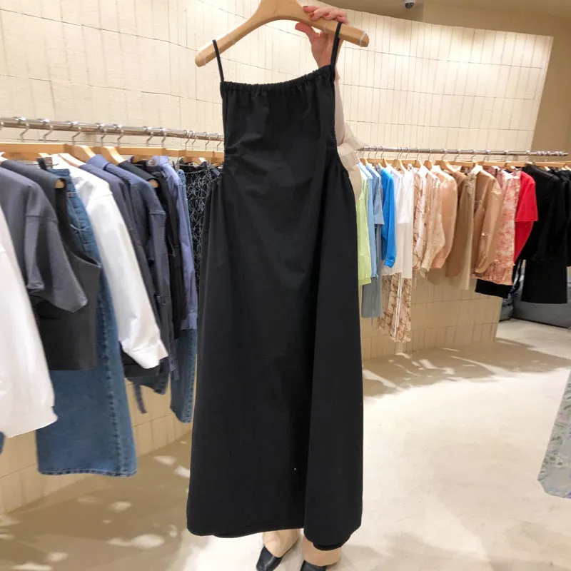 Korea Dongdaemun Women Solid Colored Casual Elastic Lace Slim Look Cami Dress