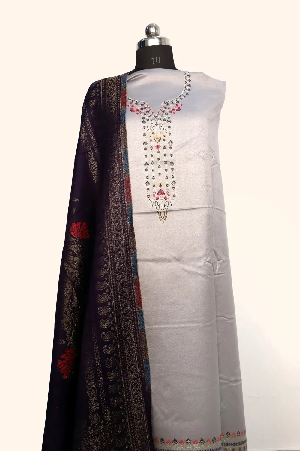 Ligh Grey Color Woolen Kashmiri Kani Work Unstitched Suit Fabric With Stole.
