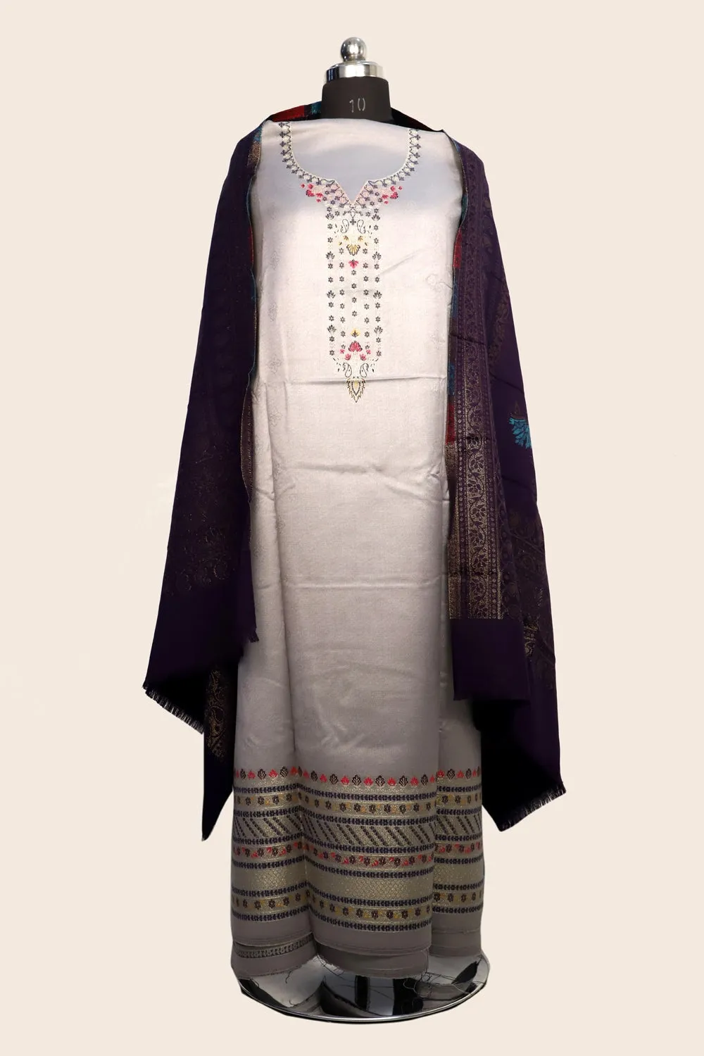 Ligh Grey Color Woolen Kashmiri Kani Work Unstitched Suit Fabric With Stole.