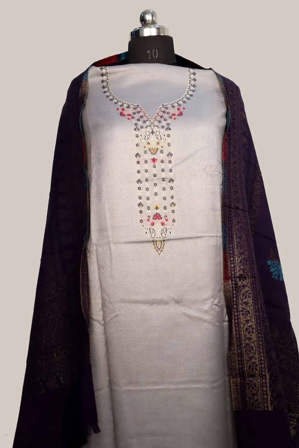 Ligh Grey Color Woolen Kashmiri Kani Work Unstitched Suit Fabric With Stole.