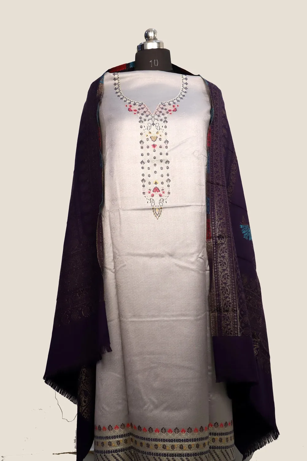 Ligh Grey Color Woolen Kashmiri Kani Work Unstitched Suit Fabric With Stole.