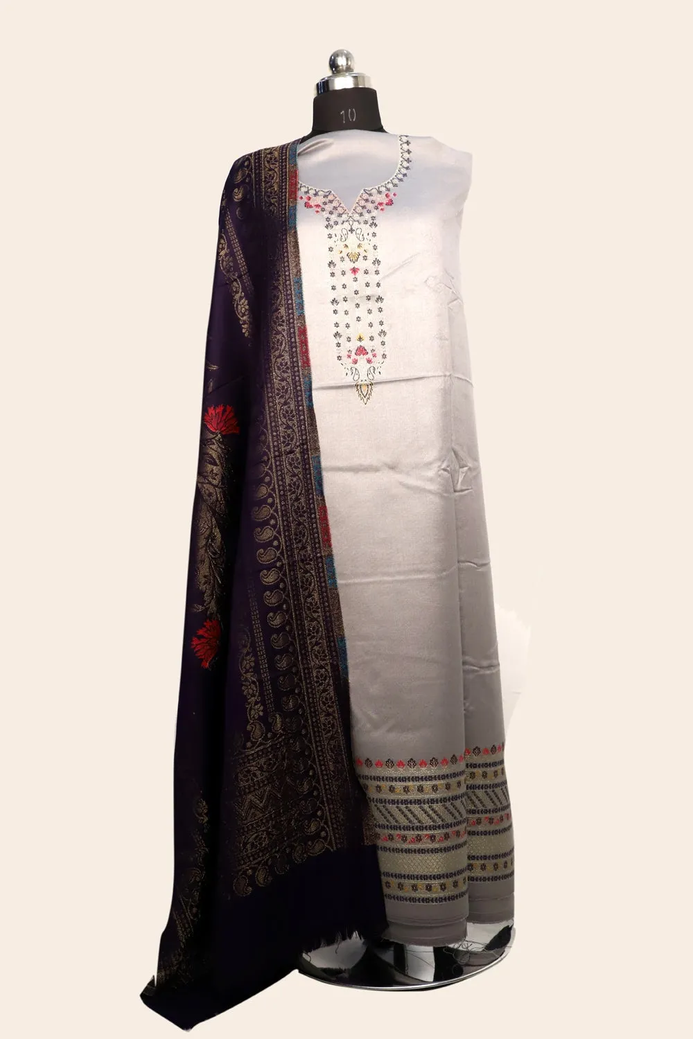 Ligh Grey Color Woolen Kashmiri Kani Work Unstitched Suit Fabric With Stole.