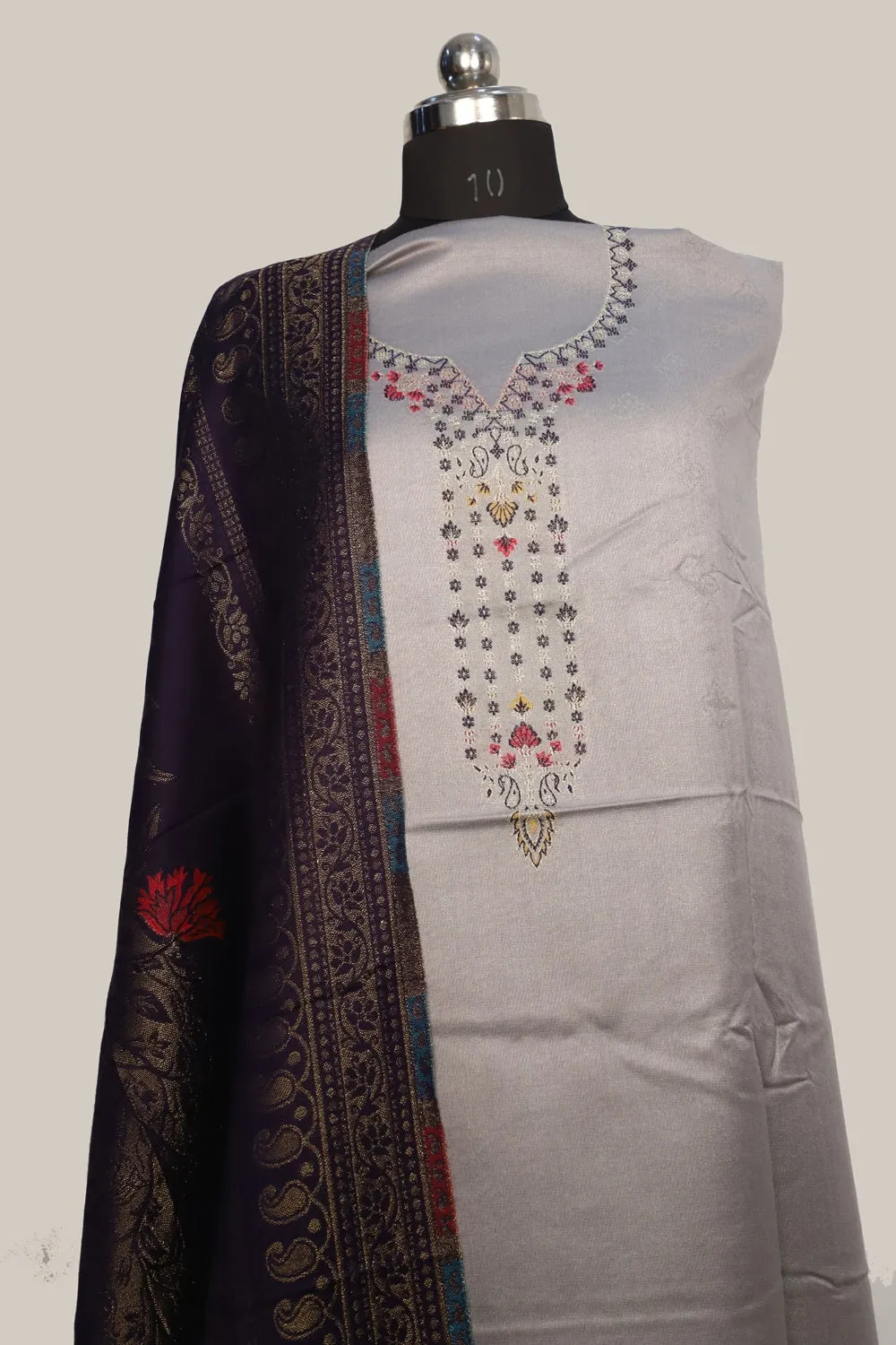 Ligh Grey Color Woolen Kashmiri Kani Work Unstitched Suit Fabric With Stole.