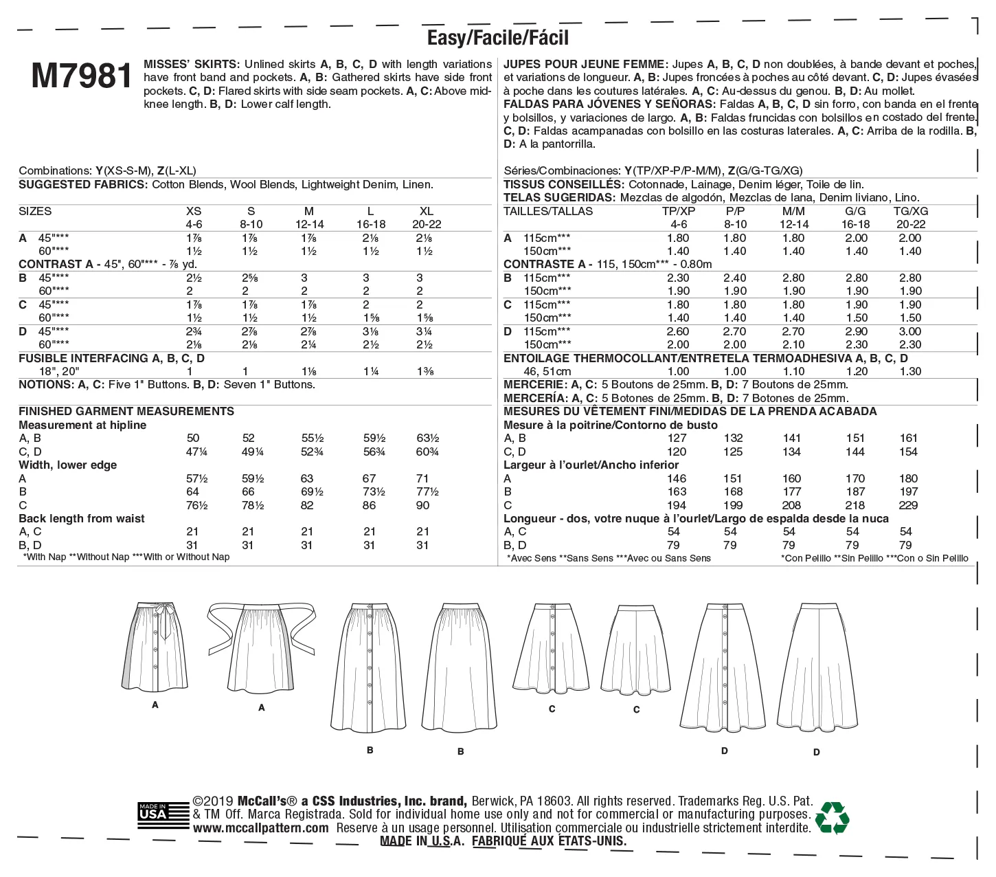 McCall's Pattern M7981 Misses' Skirts