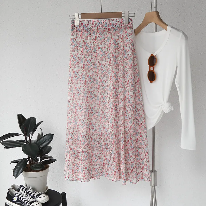 Mori Fresh Looking Elastic High Waist Floral Mid-Length Chiffon Skirt