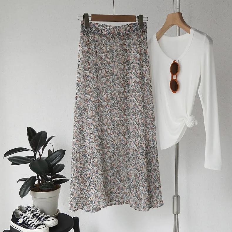 Mori Fresh Looking Elastic High Waist Floral Mid-Length Chiffon Skirt