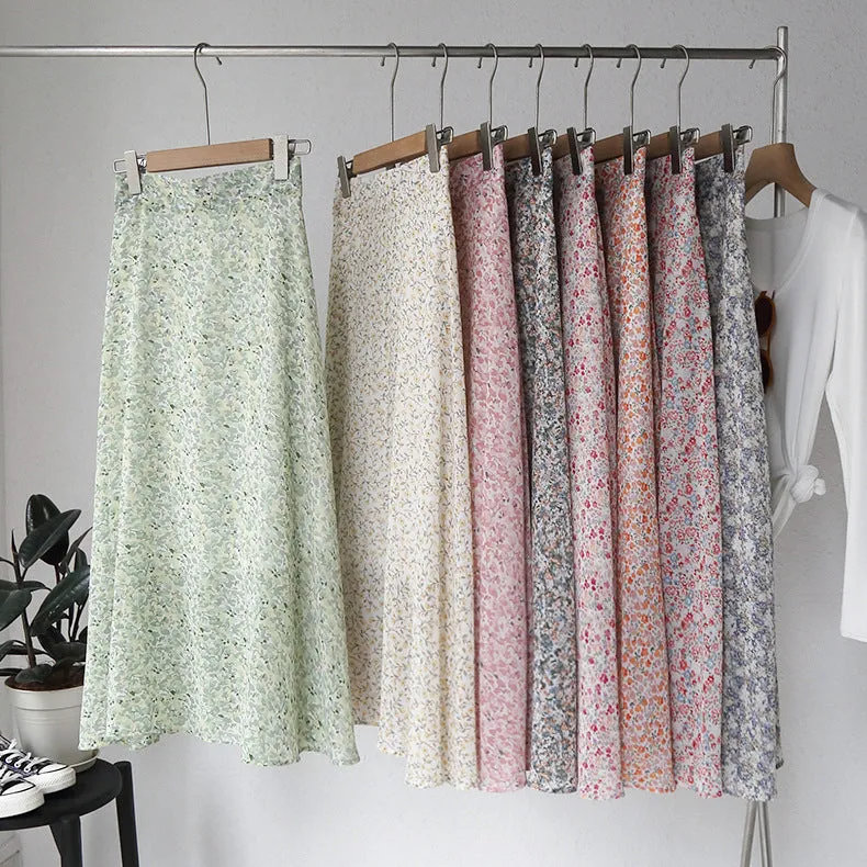Mori Fresh Looking Elastic High Waist Floral Mid-Length Chiffon Skirt