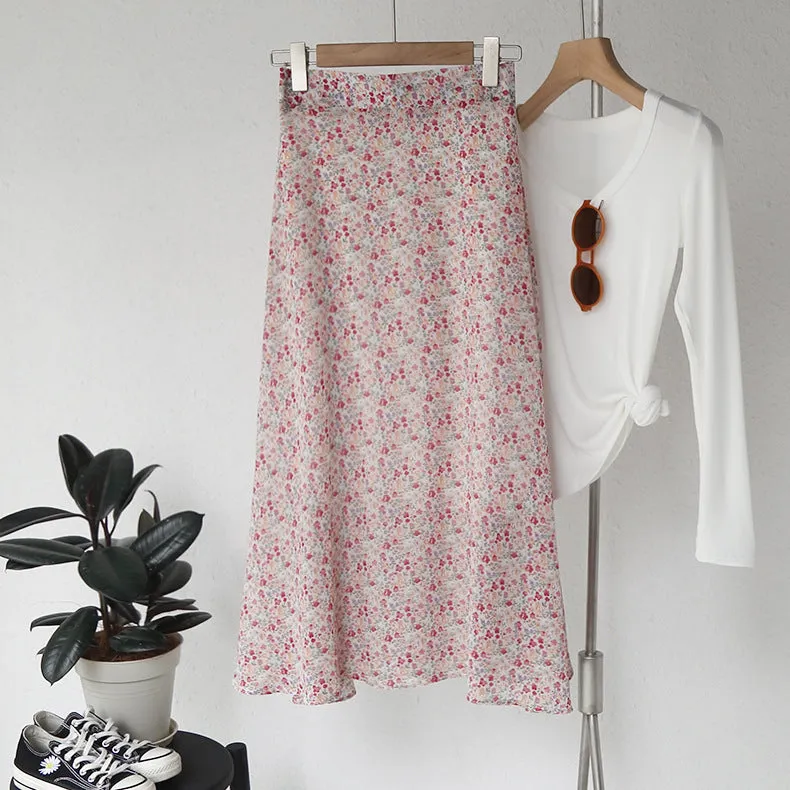 Mori Fresh Looking Elastic High Waist Floral Mid-Length Chiffon Skirt