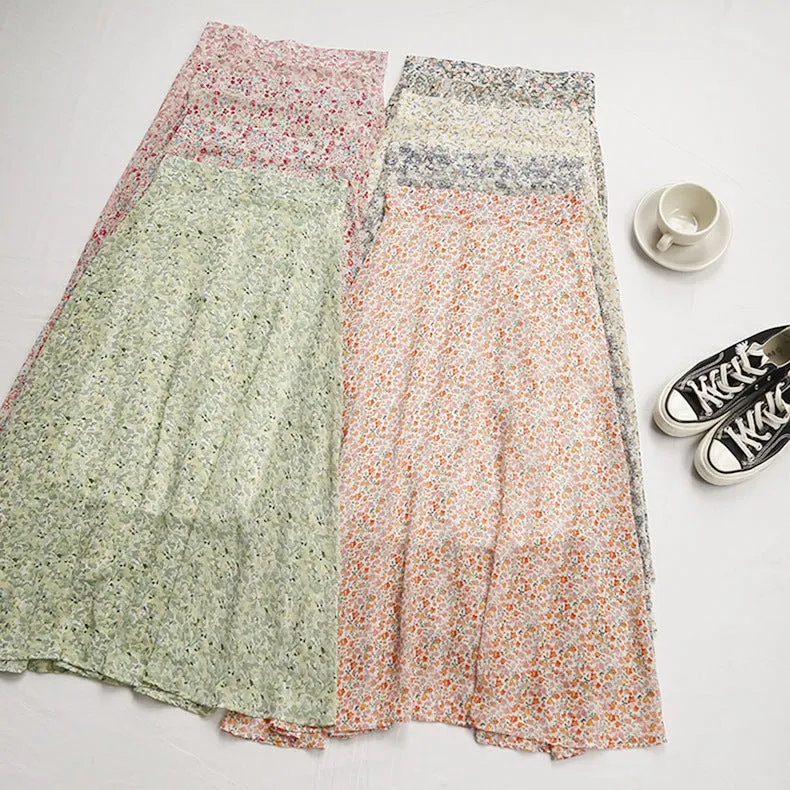 Mori Fresh Looking Elastic High Waist Floral Mid-Length Chiffon Skirt