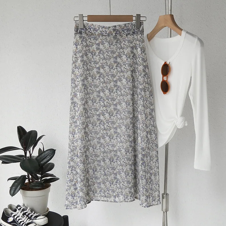 Mori Fresh Looking Elastic High Waist Floral Mid-Length Chiffon Skirt