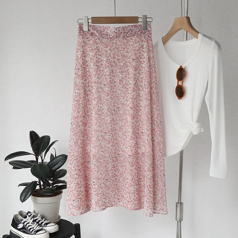 Mori Fresh Looking Elastic High Waist Floral Mid-Length Chiffon Skirt