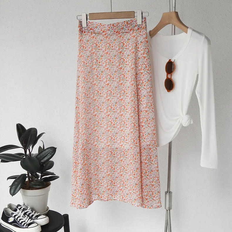 Mori Fresh Looking Elastic High Waist Floral Mid-Length Chiffon Skirt