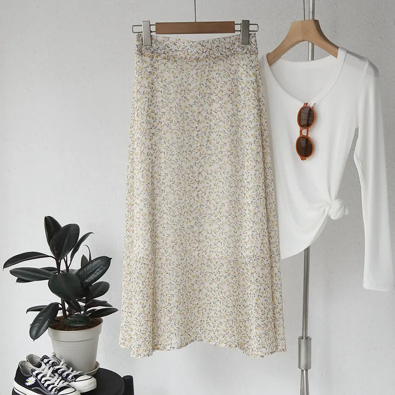 Mori Fresh Looking Elastic High Waist Floral Mid-Length Chiffon Skirt