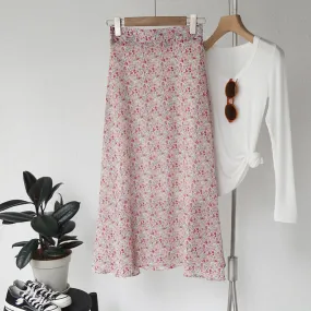 Mori Fresh Looking Elastic High Waist Floral Mid-Length Chiffon Skirt