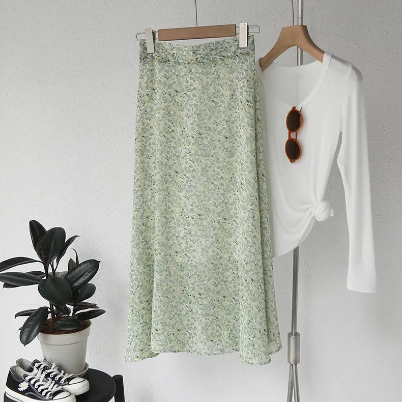 Mori Fresh Looking Elastic High Waist Floral Mid-Length Chiffon Skirt