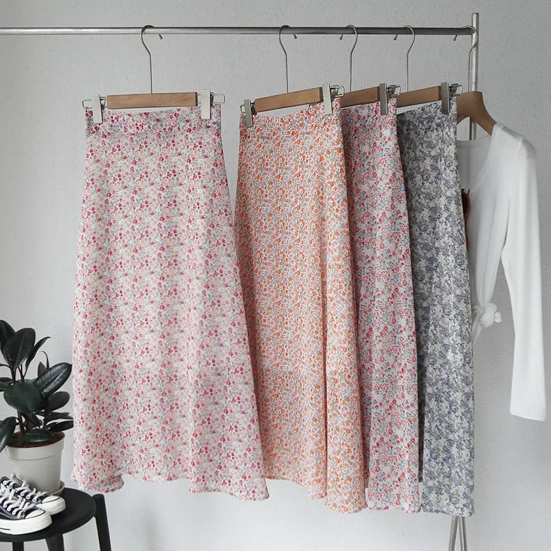 Mori Fresh Looking Elastic High Waist Floral Mid-Length Chiffon Skirt